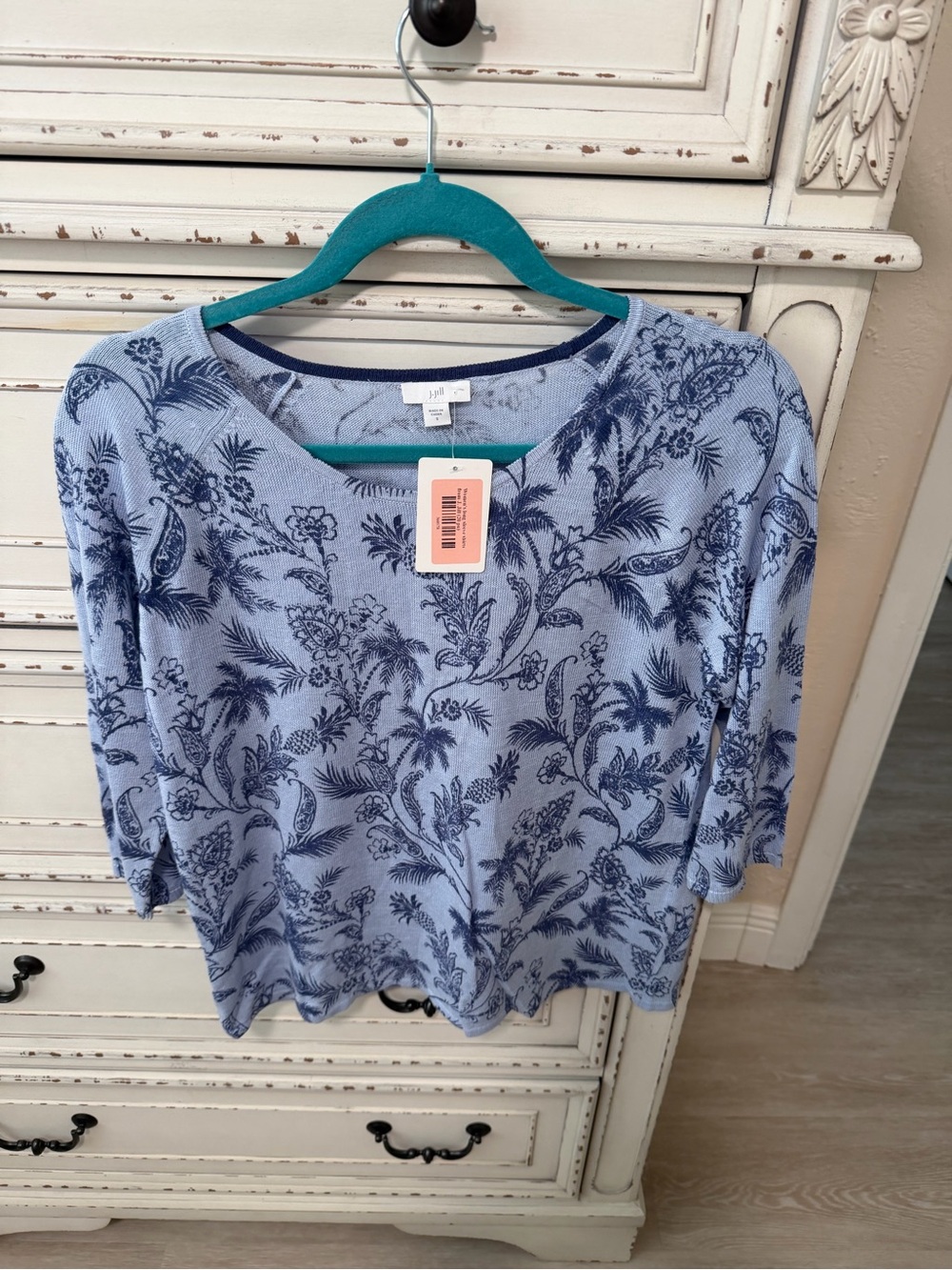 J. Jill Light Blue Crewneck Top with Navy Floral Print